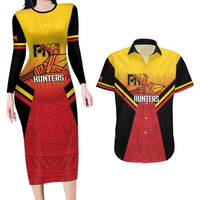 Papua New Guinea Rugby Custom Couples Matching Long Sleeve Bodycon Dress and Hawaiian Shirt Go PNG Hunters Polynesian Pattern LT14 Red - Polynesian Pride