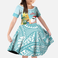 Aloha Hawaii Mele Kalikimaka Family Matching Short Sleeve Bodycon Dress and Hawaiian Shirt Chilling Santa With Pineapple - Polynesian Pattern LT14 Daughter's Dress Cyan - Polynesian Pride