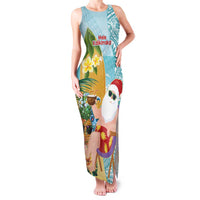 Aloha Hawaii Mele Kalikimaka Family Matching Tank Maxi Dress and Hawaiian Shirt Chilling Santa With Pineapple - Polynesian Pattern LT14 Mom's Dress Cyan - Polynesian Pride