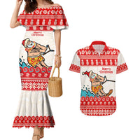 Mele Kalikimaka Hawaii Couples Matching Mermaid Dress and Hawaiian Shirt Water-skiing Santa Tropical Vibes LT14 Red - Polynesian Pride