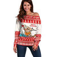 Mele Kalikimaka Hawaii Off Shoulder Sweater Water-skiing Santa Tropical Vibes LT14 Women Red - Polynesian Pride