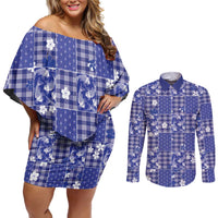 Blue Palaka Japanese Patterns Couples Matching Off Shoulder Short Dress and Long Sleeve Button Shirt Koi Fish Asanoha Sakura Patchwork Stylized - Polynesian Pride