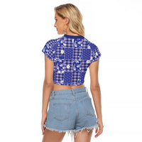 Blue Palaka Japanese Patterns Raglan Cropped T Shirt Koi Fish Asanoha Sakura Patchwork Stylized - Polynesian Pride