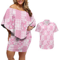 Pink Palaka Japanese Patterns Couples Matching Off Shoulder Short Dress and Hawaiian Shirt Koi Fish Asanoha Sakura Patchwork Stylized LT14 Pink - Polynesian Pride