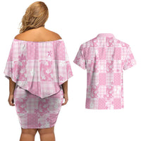 Pink Palaka Japanese Patterns Couples Matching Off Shoulder Short Dress and Hawaiian Shirt Koi Fish Asanoha Sakura Patchwork Stylized LT14 - Polynesian Pride