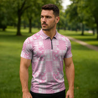 Pink Palaka Japanese Patterns Zipper Polo Shirt Koi Fish Asanoha Sakura Patchwork Stylized - Polynesian Pride