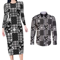 Black Palaka Japanese Patterns Couples Matching Long Sleeve Bodycon Dress and Long Sleeve Button Shirt Koi Fish Asanoha Sakura Patchwork Stylized - Polynesian Pride