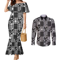 Black Palaka Japanese Patterns Couples Matching Mermaid Dress and Long Sleeve Button Shirt Koi Fish Asanoha Sakura Patchwork Stylized - Polynesian Pride