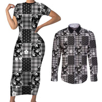 Black Palaka Japanese Patterns Couples Matching Short Sleeve Bodycon Dress and Long Sleeve Button Shirt Koi Fish Asanoha Sakura Patchwork Stylized LT14 Black - Polynesian Pride