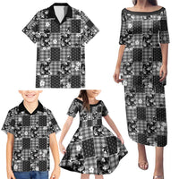 Black Palaka Japanese Patterns Family Matching Puletasi and Hawaiian Shirt Koi Fish Asanoha Sakura Patchwork Stylized - Polynesian Pride
