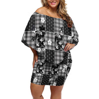Black Palaka Japanese Patterns Off Shoulder Short Dress Koi Fish Asanoha Sakura Patchwork Stylized - Polynesian Pride