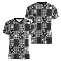 Black Palaka Japanese Patterns Women V-Neck T-Shirt Koi Fish Asanoha Sakura Patchwork Stylized - Polynesian Pride