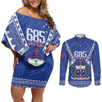 Personalised Samoa 685 Couples Matching Off Shoulder Short Dress and Long Sleeve Button Shirt Samoan Pride Coat Of Arms - Polynesian Pride