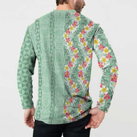 Menthol Green Aloha Hawaii Tiki Button Sweatshirt Tropical Plumeria - Seamless Style