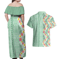 Menthol Green Aloha Hawaii Tiki Couples Matching Off Shoulder Maxi Dress and Hawaiian Shirt Tropical Plumeria - Seamless Style LT14 - Polynesian Pride