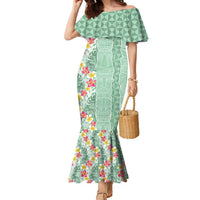 Menthol Green Aloha Hawaii Tiki Family Matching Mermaid Dress and Hawaiian Shirt Tropical Plumeria - Seamless Style