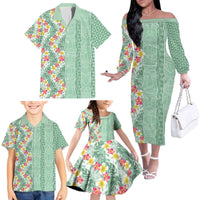 Menthol Green Aloha Hawaii Tiki Family Matching Off The Shoulder Long Sleeve Dress and Hawaiian Shirt Tropical Plumeria - Seamless Style LT14 - Polynesian Pride