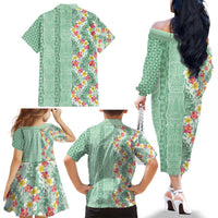 Menthol Green Aloha Hawaii Tiki Family Matching Off The Shoulder Long Sleeve Dress and Hawaiian Shirt Tropical Plumeria - Seamless Style LT14 - Polynesian Pride