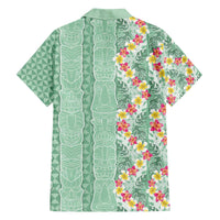 Menthol Green Aloha Hawaii Tiki Family Matching Off The Shoulder Long Sleeve Dress and Hawaiian Shirt Tropical Plumeria - Seamless Style LT14 - Polynesian Pride