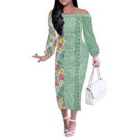 Menthol Green Aloha Hawaii Tiki Family Matching Off The Shoulder Long Sleeve Dress and Hawaiian Shirt Tropical Plumeria - Seamless Style LT14 Mom's Dress Green - Polynesian Pride