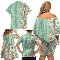 Menthol Green Aloha Hawaii Tiki Family Matching Off Shoulder Short Dress and Hawaiian Shirt Tropical Plumeria - Seamless Style LT14 - Polynesian Pride