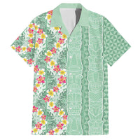 Menthol Green Aloha Hawaii Tiki Family Matching Off Shoulder Short Dress and Hawaiian Shirt Tropical Plumeria - Seamless Style LT14 Dad's Shirt - Short Sleeve Green - Polynesian Pride