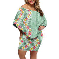 Menthol Green Aloha Hawaii Tiki Family Matching Off Shoulder Short Dress and Hawaiian Shirt Tropical Plumeria - Seamless Style LT14 Mom's Dress Green - Polynesian Pride