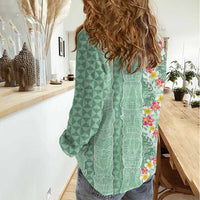 Menthol Green Aloha Hawaii Tiki Women Casual Shirt Tropical Plumeria - Seamless Style