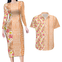 Orange Chiffon Aloha Hawaii Tiki Couples Matching Long Sleeve Bodycon Dress and Hawaiian Shirt Tropical Plumeria - Seamless Style LT14 Orange - Polynesian Pride
