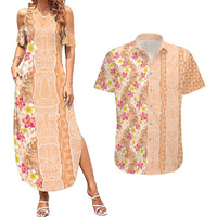 Orange Chiffon Aloha Hawaii Tiki Couples Matching Summer Maxi Dress and Hawaiian Shirt Tropical Plumeria - Seamless Style