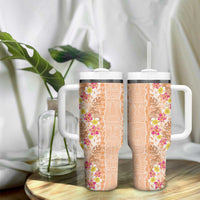 Orange Chiffon Aloha Hawaii Tiki Tumbler With Handle Tropical Plumeria - Seamless Style
