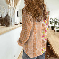 Orange Chiffon Aloha Hawaii Tiki Women Casual Shirt Tropical Plumeria - Seamless Style