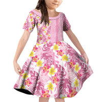 Pastel Magenta Aloha Hawaii Tiki Family Matching Off Shoulder Short Dress and Hawaiian Shirt Tropical Plumeria - Seamless Style LT14 Daughter's Dress Magenta - Polynesian Pride