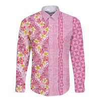 Pastel Magenta Aloha Hawaii Tiki Long Sleeve Button Shirt Tropical Plumeria - Seamless Style LT14 Unisex Magenta - Polynesian Pride