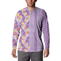 Lush Lilac Aloha Hawaii Tiki Button Sweatshirt Tropical Plumeria - Seamless Style