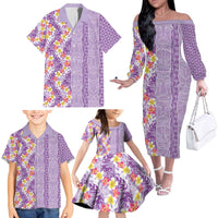 Lush Lilac Aloha Hawaii Tiki Family Matching Off The Shoulder Long Sleeve Dress and Hawaiian Shirt Tropical Plumeria - Seamless Style LT14 - Polynesian Pride