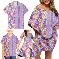Lush Lilac Aloha Hawaii Tiki Family Matching Off Shoulder Short Dress and Hawaiian Shirt Tropical Plumeria - Seamless Style LT14 - Polynesian Pride
