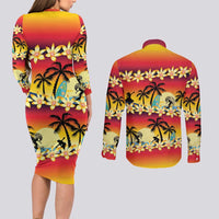 Tropical Islands Sunset Hawaii Couples Matching Long Sleeve Bodycon Dress and Long Sleeve Button Shirt Go Surfing With Hula Girl - Summer Vibes LT14 - Polynesian Pride