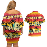 Tropical Islands Sunset Hawaii Couples Matching Off Shoulder Short Dress and Hawaiian Shirt Go Surfing With Hula Girl - Summer Vibes LT14 - Polynesian Pride