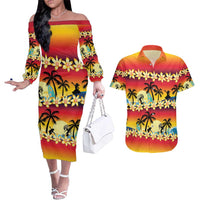 Tropical Islands Sunset Hawaii Couples Matching Off The Shoulder Long Sleeve Dress and Hawaiian Shirt Go Surfing With Hula Girl - Summer Vibes LT14 Red - Polynesian Pride