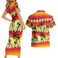 Tropical Islands Sunset Hawaii Couples Matching Short Sleeve Bodycon Dress and Hawaiian Shirt Go Surfing With Hula Girl - Summer Vibes LT14 - Polynesian Pride