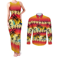 Tropical Islands Sunset Hawaii Couples Matching Tank Maxi Dress and Long Sleeve Button Shirt Go Surfing With Hula Girl - Summer Vibes LT14 Red - Polynesian Pride