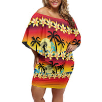 Tropical Islands Sunset Hawaii Family Matching Off Shoulder Short Dress and Hawaiian Shirt Go Surfing With Hula Girl - Summer Vibes LT14 Mom's Dress Red - Polynesian Pride