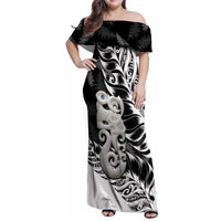 Aotearoa Manaia NZ Maori Silver Fern Family Matching Off Shoulder Maxi Dress and Hawaiian Shirt LT14 Mom's Dress Black - Polynesian Pride