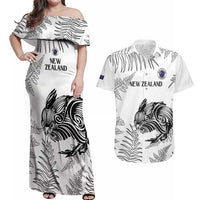 Custom New Zealand Kiwi Football Couples Matching Off Shoulder Maxi Dress and Hawaiian Shirt Aotearoa Silver Fern LT14 White - Polynesian Pride