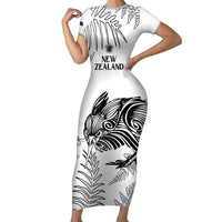Custom New Zealand Kiwi Football Short Sleeve Bodycon Dress Aotearoa Silver Fern LT14 Long Dress White - Polynesian Pride