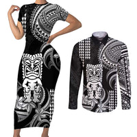 Hawaii Ku God Couples Matching Short Sleeve Bodycon Dress and Long Sleeve Button Shirt Kakau Mix Polynesian Tattoo LT14 Black - Polynesian Pride