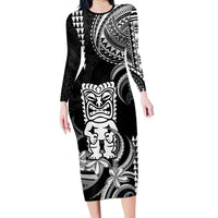 Hawaii Ku God Family Matching Long Sleeve Bodycon Dress and Hawaiian Shirt Kakau Mix Polynesian Tattoo LT14 Mom's Dress Black - Polynesian Pride