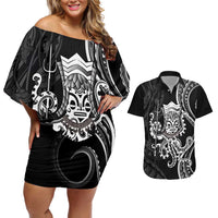 Black Hawaii Kanaloa God Couples Matching Off Shoulder Short Dress and Hawaiian Shirt Hawaiian Octopus