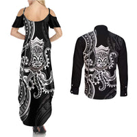 Black Hawaii Kanaloa God Couples Matching Summer Maxi Dress and Long Sleeve Button Shirt Hawaiian Octopus
